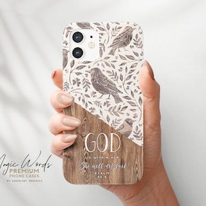 Psalm 46:5 Bible Verse Phone Case God Is Within Her She Will Not Fail, Boho Bird Leaf Floral Folk Pattern Christian iPhone Samsung Case