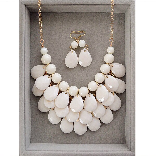 Teardrop Statement Bib Necklace Milky White Free Earrings