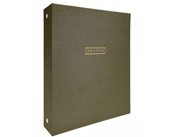 Carpeta de recetas de lino de 3 anillas. Libro de recetas de tamaño media carta para guardar como herencia familiar. Porta recetas de tapa dura de lino verde oliva. Carpeta de cocina de 2,5 cm encuadernada en tela.