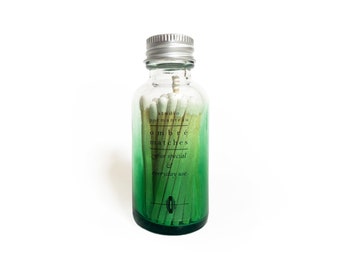 Green Ombré Bottle Matches. Pretty Glass Match Jar. Luxury Matches. Strike on Emerald Green Bottle. Fancy Wood Matchsticks. Light a Spark.