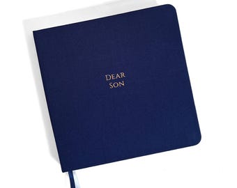 Querido hijo: Cuaderno cuadrado de lino con relieve metalizado. Notas de mamá. Diario de maternidad con cubierta de tela. Cartas para el niño encuadernadas en tela azul marino.