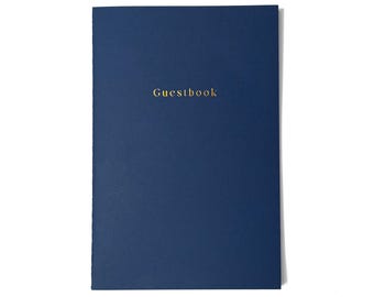 Foil Embossed Softcover Guestbook. Saddle Stitch Guest Book. Gold on Navy Blue Visitor Log. Classic Wedding Guest Ledger. Rental Host Book.