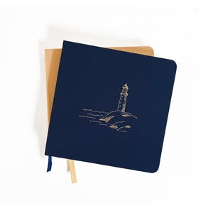 Lighthouse Foil Embossed Square Linen Notebook. Coastal Hardcover Linen Book. Beach Gift. Classic Blank Journal. Hand-Drawn Nautical Decor.