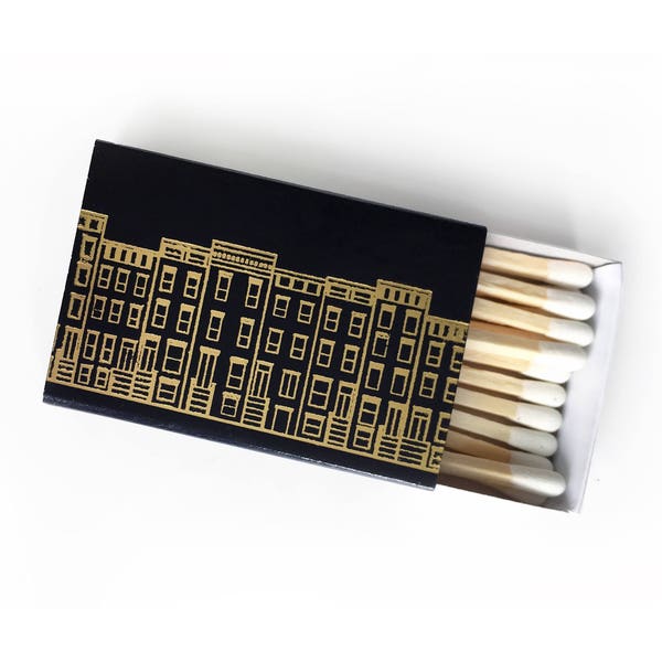 Cozy Village Matchbox. Classic Brownstones Foil Emboss Matchbook. City Matches. Brooklyn New York NYC DC Boston Chicago Gift. Candle Tool.