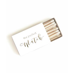 Perfect Match Matchbox. Gold Foil & White Wedding Matchbook. Decorative Engagement, Wedding Matches. Pretty Bulk Wedding Favor for Guests.