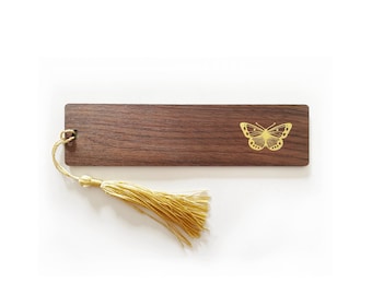 Marcapáginas de madera de nogal con logotipo o texto personalizado y relieve. Marcapáginas dorados personalizados. Marcapáginas de madera personalizados al por mayor con borla.