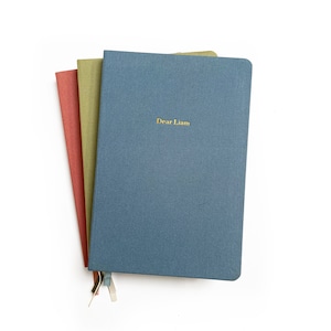 Puede incluir: Tres cuadernos de tapa dura en tonos azul, rojo y verde apilados sobre un fondo blanco. El cuaderno azul tiene el texto dorado "Dear Liam" en la portada. Cada cuaderno tiene un marcapáginas de cinta.