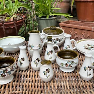 Vintage Denby Shamrock Pottery Choose Your Pieces - Rare 'V' Bottle + Stopper, Lidded Jam Pot, Milk Jug, Tureen, Salt ,Pepper, Plates, Bowls
