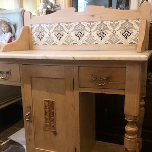 Charming Antique French-Style Pale Pine Marble-Top Washstand, Tiled Backsplash, 2 x Drawer, 1 x Cupboard, Porcelain Castors + Brass handles.