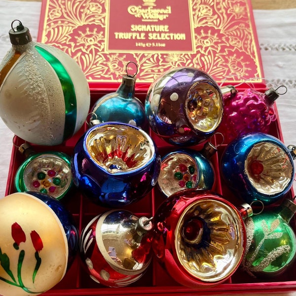 Shimmering Vintage Glass Christmas Tree Baubles Including Convex Indent Round Raspberry and Teardrop Shapes Genuine Circa MidCentury