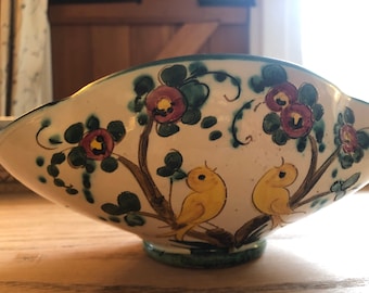 Vintage Hand-Painted Italian Ceramic Yellow Singing Birds Fluted Elliptical Serving Bowl Dish or Vase Circa MidCentrury