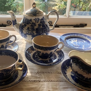 Vintage Willow Pattern Sadler Teapot, Teacups and Saucers, Milk Jug and Plate by Woods & Sons, Teacup  Saucer by English Ironstone Tableware