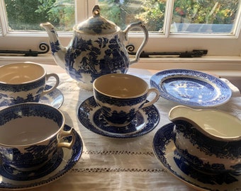 Vintage Willow Pattern Sadler Teapot, Teacups and Saucers, Milk Jug and Plate by Woods & Sons, Teacup  Saucer by English Ironstone Tableware