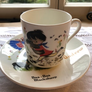 Adorable 1960s Bone China Baa-Baa Black Sheep Nursery Rhyme Cup & Saucer Personalised with Name &#39;Andrew&#39; by Morgan Graham, Staffordshire