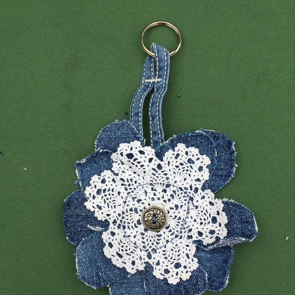 Denim Keychain - Flower and lace