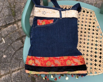 Boho Style cross-body shoppers purse; red and black. Denim jeans crossbody bag - upcycled.