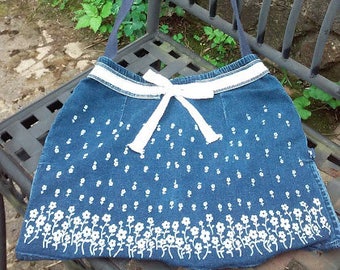 White Flowers on Denim Jeans Bag - Stunning showpiece with Lace tie - large Denim bag cross body or shoulder  - jeans bag - Unusual and chic