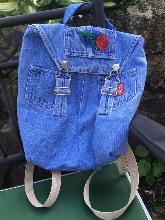 jean backpack with patches