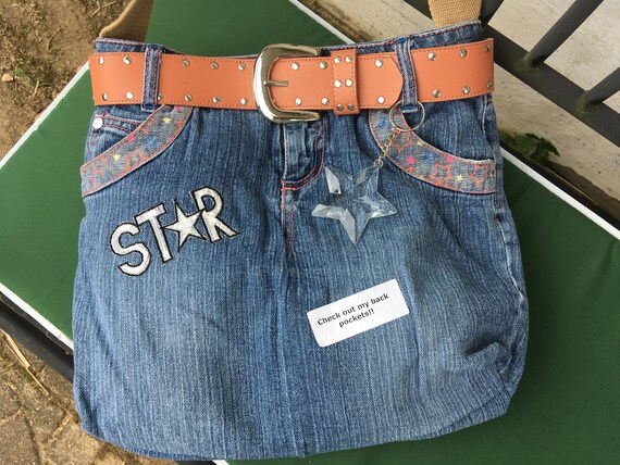 DENIM Jeans Pocket Denim Pouch with Silver /& Rhinestones BLING Denim Purse Two Pocket Zipper Pouch STARS Fabric Lining Upcycled Jeans