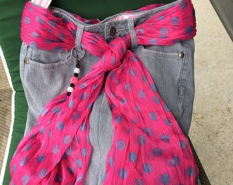 Gray Jeans handbag with pink  Scarf accessory.  Bright and sassy.