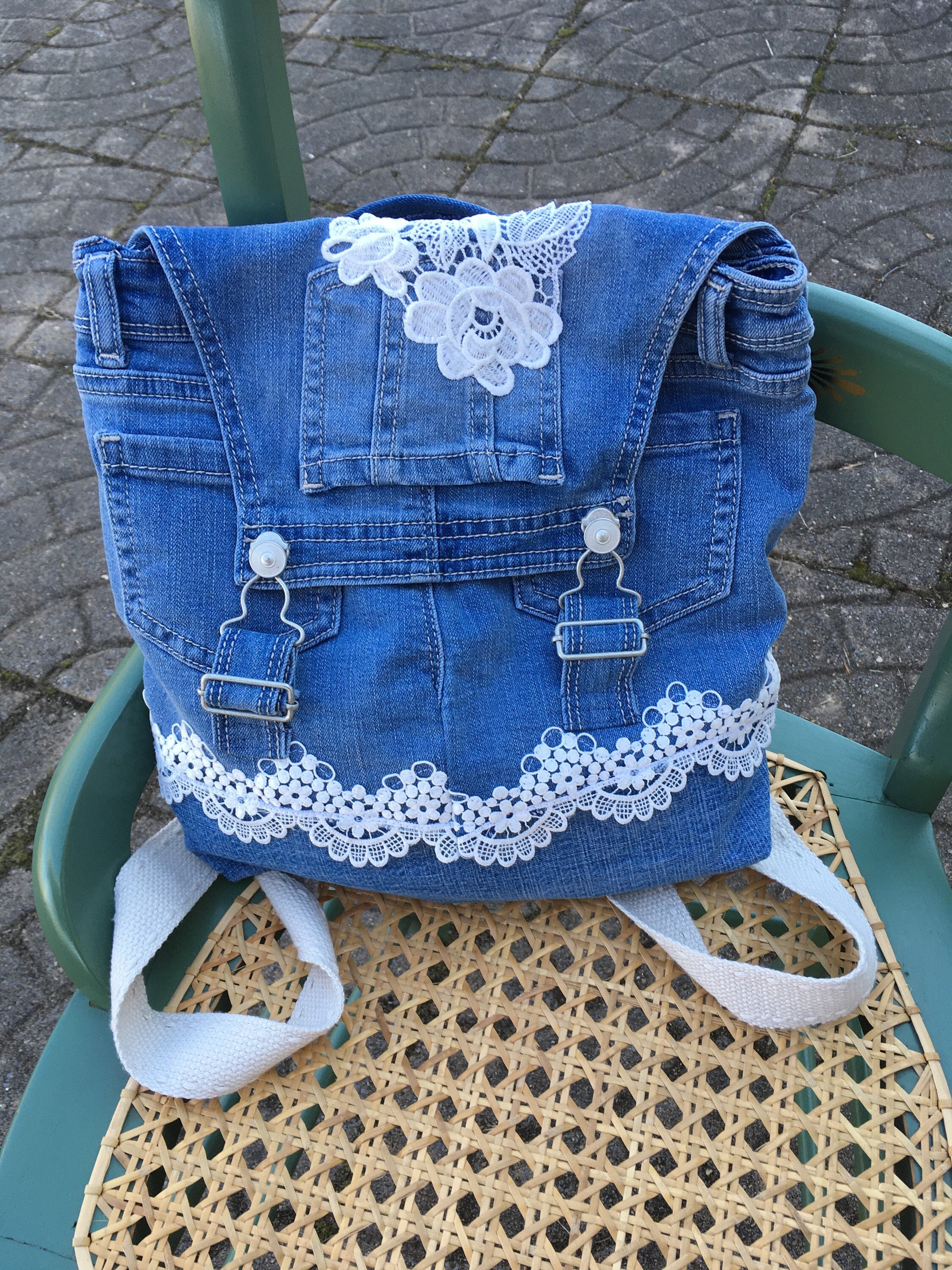 Lace Trimmed Denim Backpack Made From Bib Overalls. - Etsy