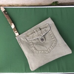 Green Khaki wristlet - Outside Pocket snaps closed -  Perfect case for electronic devices - quick run - evening at the park.