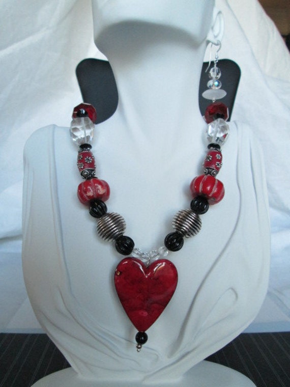 Items similar to Statement Beaded Chunky Necklace Sterling Silver Coral ...