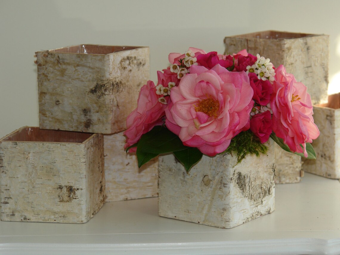 Birch bark vases wood boxes square wedding flower pot Etsy