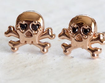 14k Gold Skull Stud Earrings with Black Diamonds