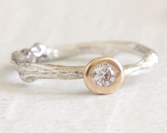 Twig diamond engagement ring in sterling silver and 14k gold