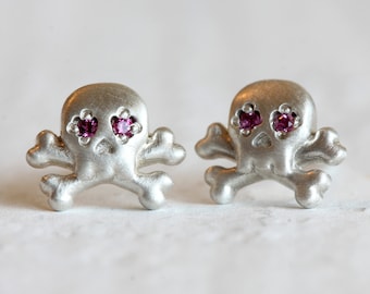 Halloween Earrings / Spooky Earrings / Skull Earrings with Ruby Gemstones / Sterling Silver or 14k Solid Gold Stud Earrings