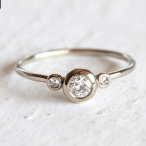 Three Stone Diamond Engagement Ring / Rustic 14k or 18k Gold Diamond Right Hand Ring / Alternate Engagement Ring image 1