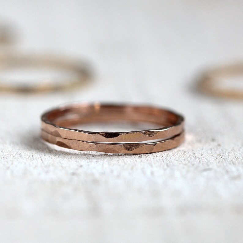 Pink Gold Stacking Rings Hammered Bands Set of 2 Etsy