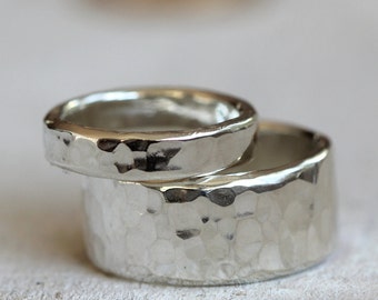 Wedding ring set sterling silver hammered rings