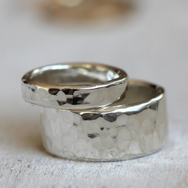 Wedding ring set sterling silver hammered rings