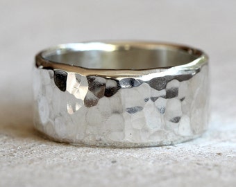 Hammered band men's wide band hammered ring in sterling silver