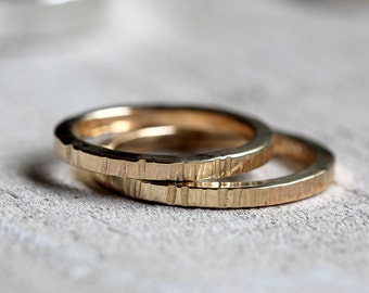 14k tree bark wedding ring set