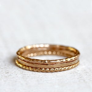 14k Gold Stacking Rings: Hammered, Twisted, Textured - Set of 3