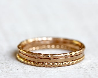 14k Gold Stacking Rings: Hammered, Twisted, Textured - Set of 3