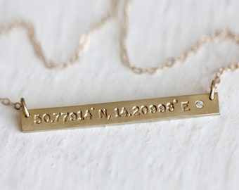 14k Latitude Longitude Coordinates Necklace with Diamond Solid Gold Bar