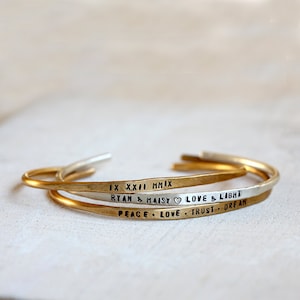 Cuff bracelet personalized sterling silver and brass bracelets set of 3 rustic cuffs