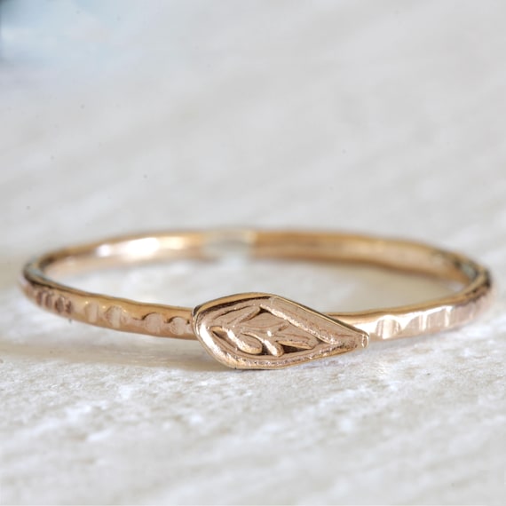 Tiny Leaf Gold Ring / Dainty Nature Inspired Stacking Ring in | Etsy