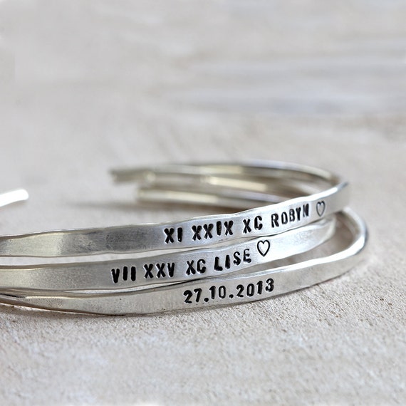 Amazon.com: Personalized Sterling Silver Bracelet, Inspirational Quote Cuff  for her, Skinny Stacking Cuff, Gift for Her, Stacking Dainty Cuff, Engraved  Bangle Bracelet, Birthday Gift, 6mm wide cuff : Handmade Products