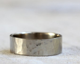 14k white gold hammered wedding band wide band mens ring