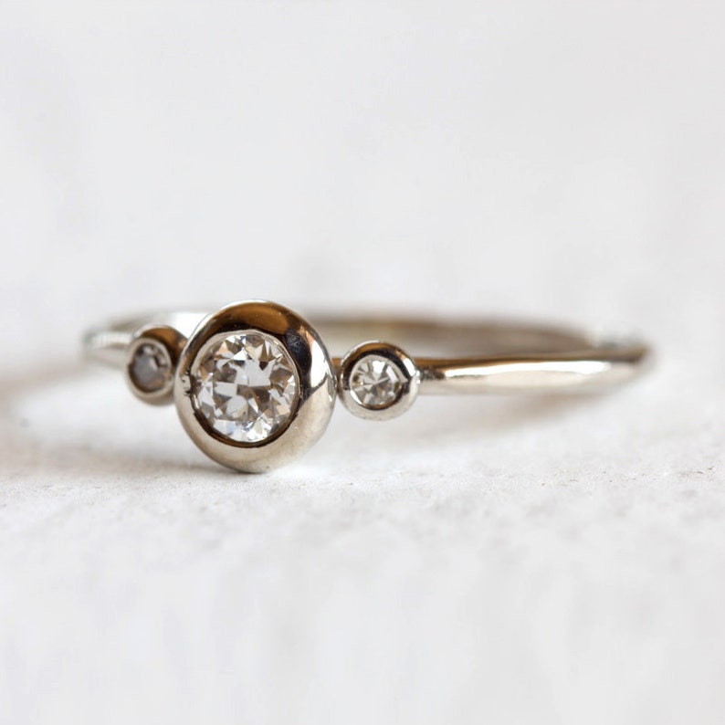 Three Stone Diamond Engagement Ring / Rustic 14k or 18k Gold Diamond Right Hand Ring / Alternate Engagement Ring image 5