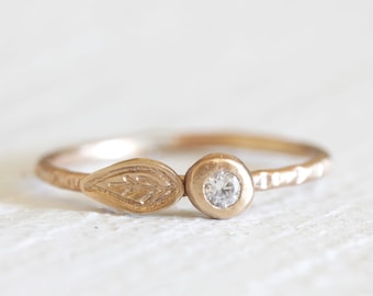 Solid gold 14k or 18k diamond leaf ring in yellow or rose gold