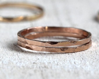 Pink gold stacking rings hammered bands set of 2
