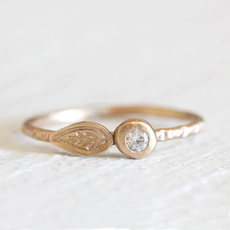 Solid gold 14k or 18k diamond leaf ring in yellow or rose gold image 3