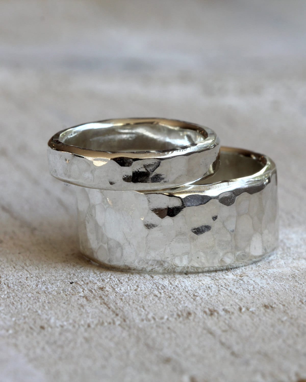 Wedding Ring Set Sterling Silver Hammered Rings Etsy