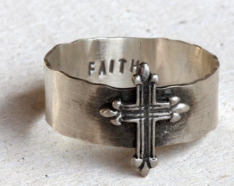 Sterling Silver Cross Ring: Hand Stamped Faith Ring